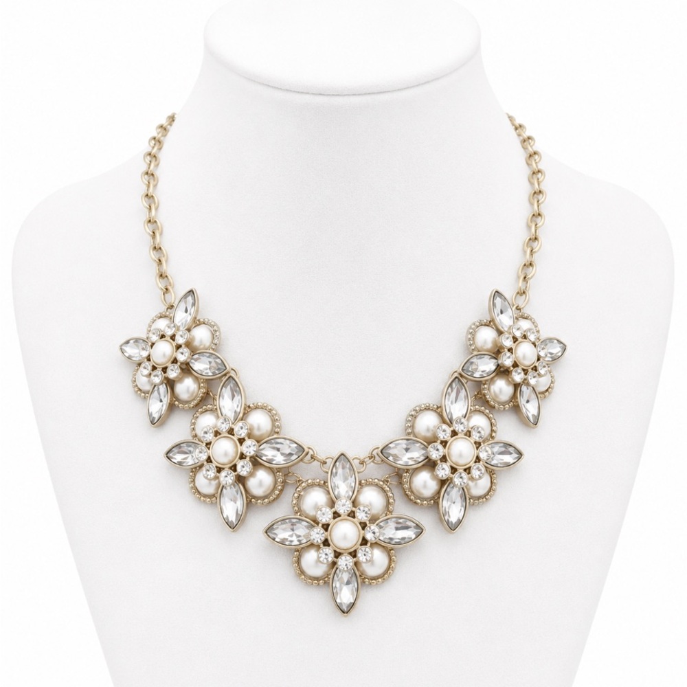 CHARMING CHARLIE Gold-tone White Bead Rhinestone Scoop Necklace